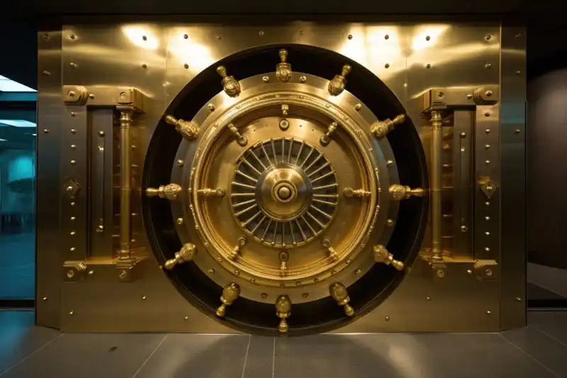 Ornate golden bank vault door.